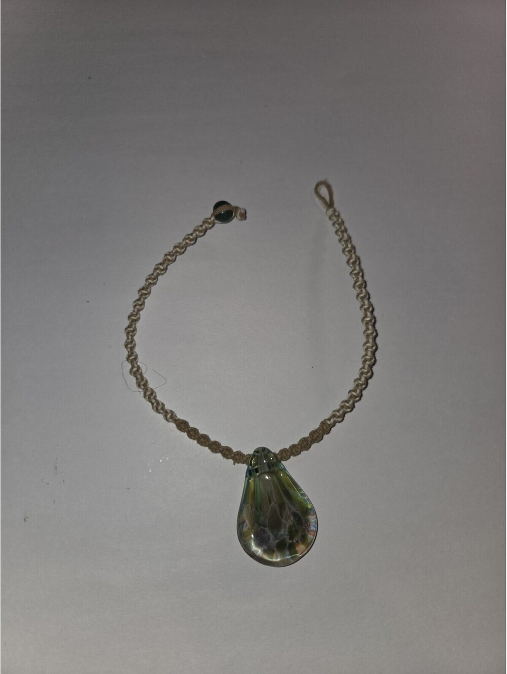 Silver Green Teardrop Hemp Braided Boho, artisan, or casual festival Necklace J1